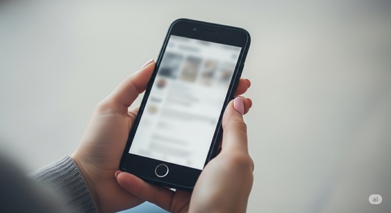 スマートフォンを手に持ち、ぼやけて何も表示されていないSNSの画面を見つめている様子です。情報を探しても見つからない状況が示唆されます。