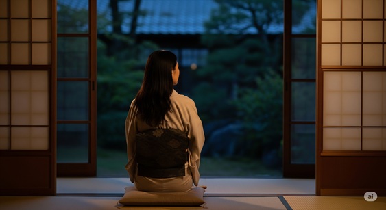 静かな部屋の窓辺に座り、外を眺める女性の後ろ姿を描いた画像です。穏やかで落ち着いた雰囲気が表現されています。