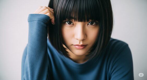 黒いボブヘアの女性が青い長袖シャツを着て、片手を顎に当ててカメラをまっすぐ見つめている。