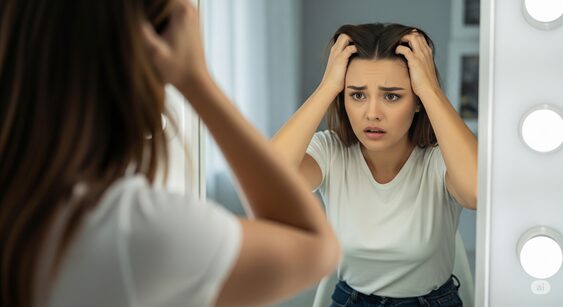 鏡に映る女性が、両手で頭を抱え、困惑した表情で鏡を見つめている。