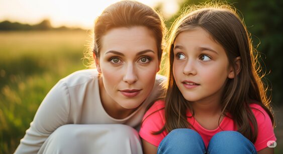 夕暮れの野原で、茶色の髪の女性と小さな女の子が寄り添っている。女性はカメラを見ており、女の子は横を見ている。