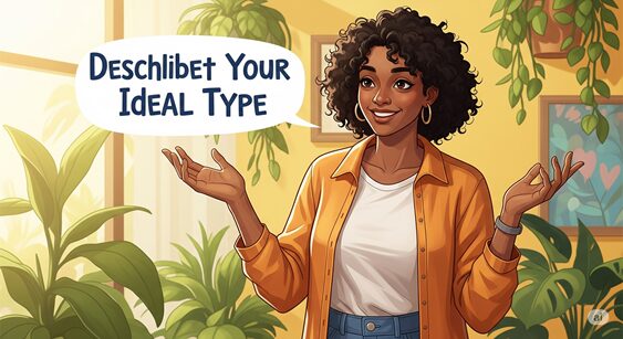 笑顔の巻き毛の女性が両手を広げており、左上には「DESCRIBE YOUR IDEAL TYPE」と書かれた吹き出しがある。背景には観葉植物が複数飾られている。