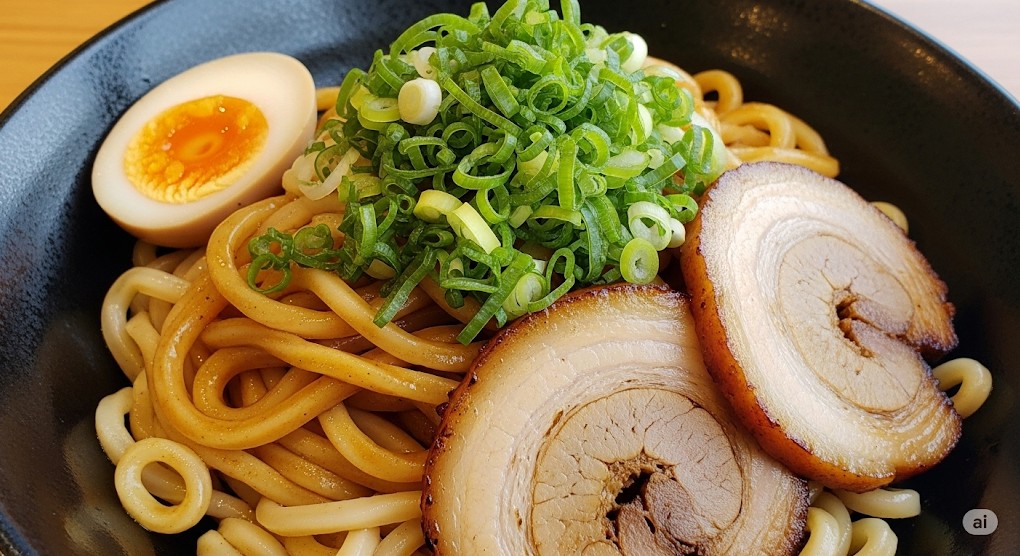 「焼肉のタレで味付けされた油そば。チャーシュー、刻みネギ、中央に置かれた半熟卵が食欲をそそります。」