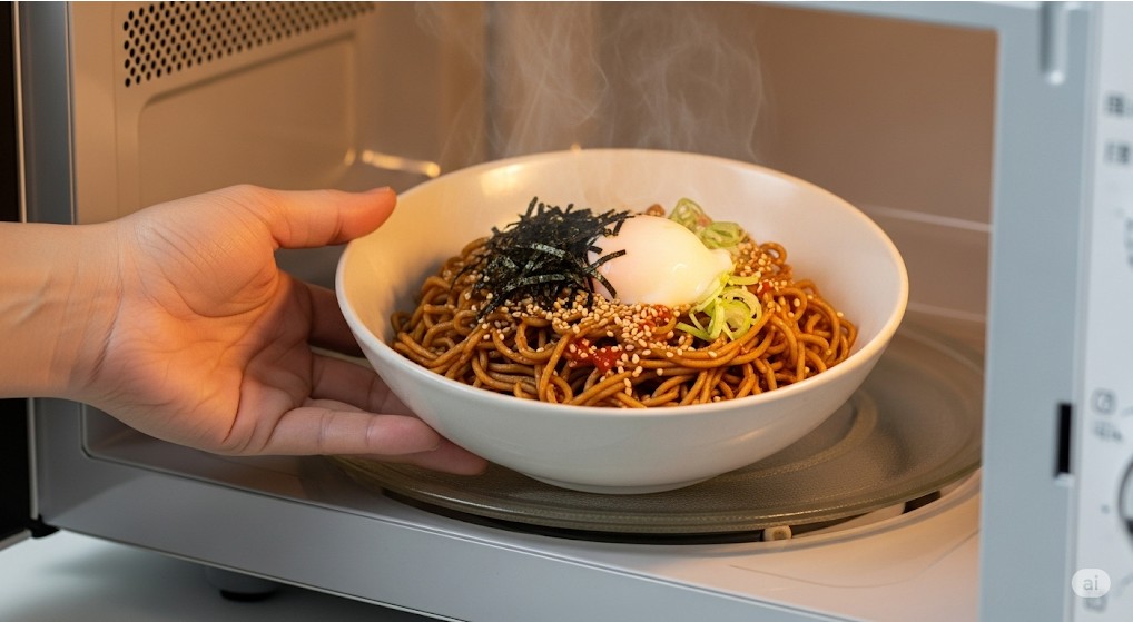 「電子レンジから取り出されている、湯気の立つ油そばの器。火を使わずに手軽に作れることを示しています。」