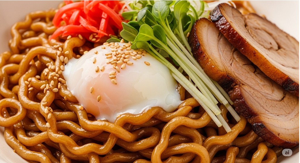 「ちぢれた焼きそば麺を使用した油そばの接写。タレが麺によく絡んでいる様子がわかります。」