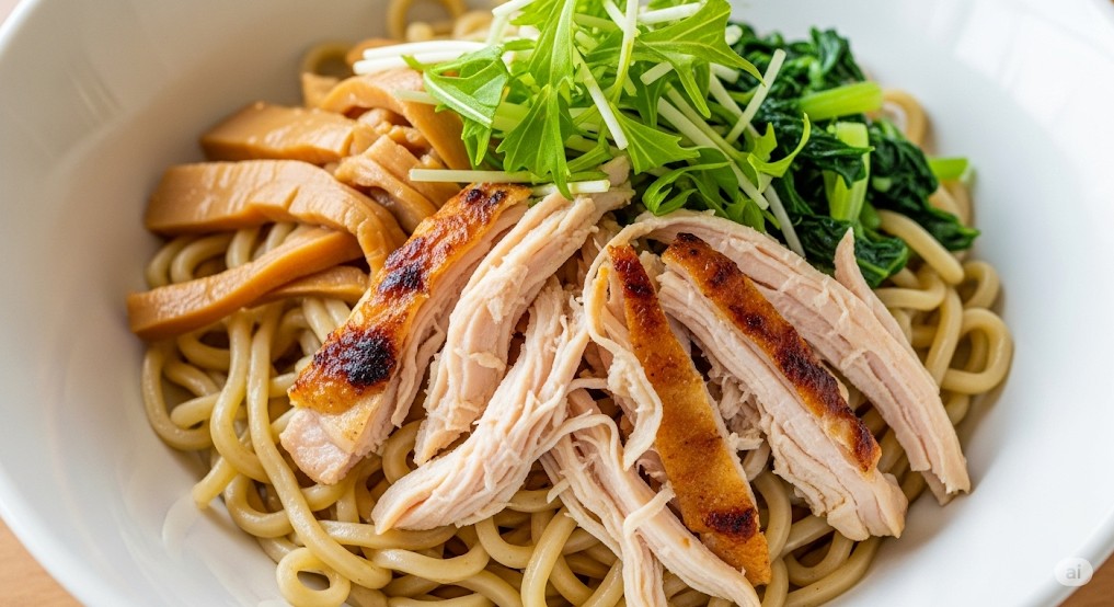 「鶏むね肉や水菜などの野菜が乗った塩まぜそば。白を基調とした器で、さっぱりとした印象です。」