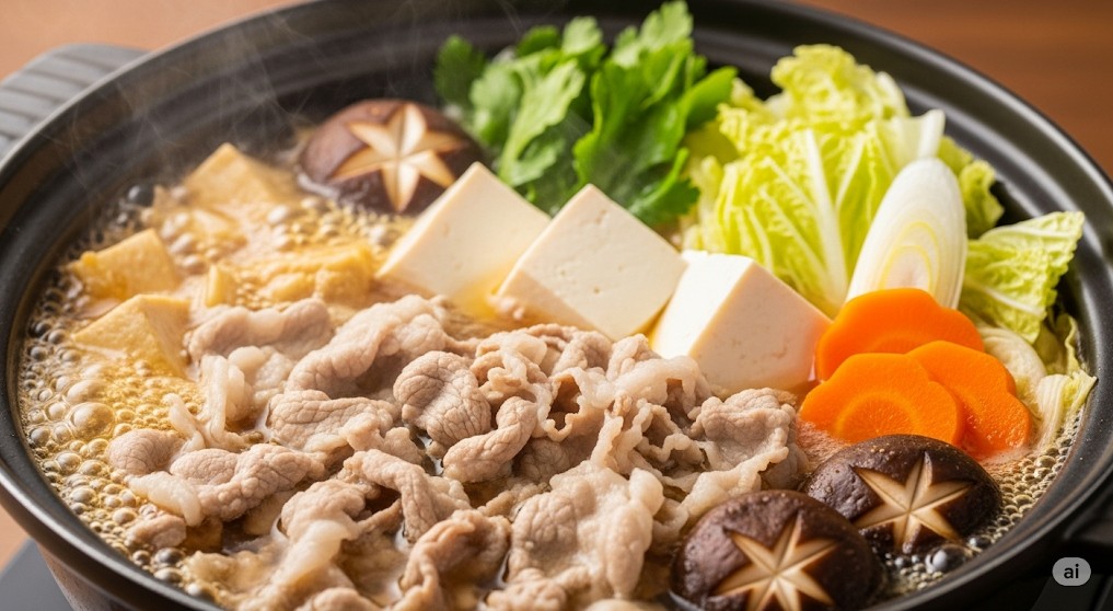 「豚肉、豆腐、白菜、きのこがたっぷり入った健康的な鍋料理。食欲をそそる湯気が立ち上っています。」