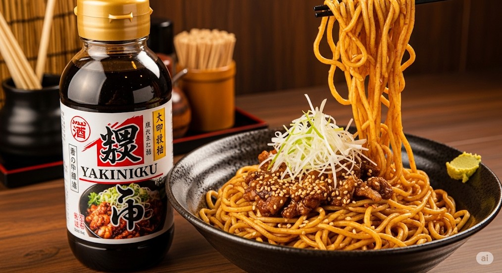 「完成した油そばと、その隣に置かれた焼肉のタレのボトル。このレシピを試したくなるような一枚です。」