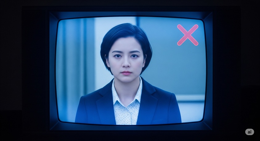 レビ画面に一般的な番組が映し出されており、その上に「X」マークや不満を表すようなニュアンスが暗示されています。