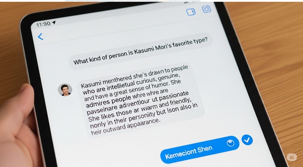 "タブレットの画面に表示されたチャットアプリのインターフェース。「What kind of person is Kasumi Mori's favorite type?」という質問と、それに対する回答(森香澄の好きなタイプについての説明)が英文で表示されている。"