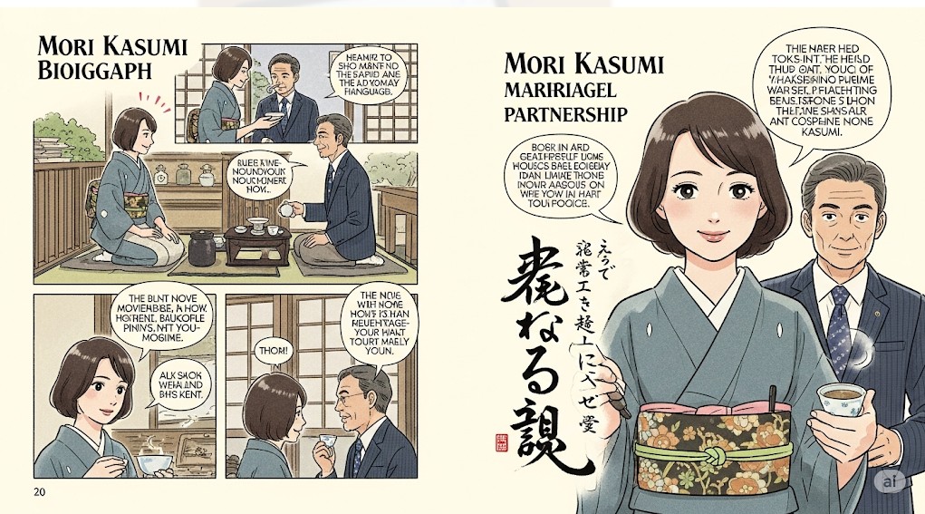 "森香澄のバイオグラフィーと結婚パートナーシップに関するイラストとテキストが描かれた、漫画のページのような画像。森香澄らしき女性が着物を着て男性と会話している場面や、笑顔で並んでいる様子が描かれている。"
