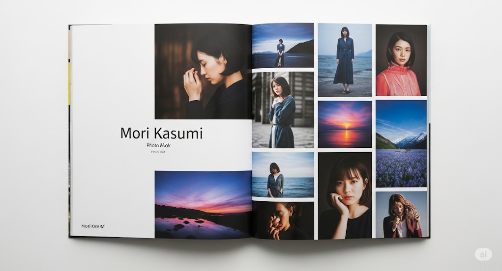 "森香澄のポートレート写真が多数掲載された写真集が開かれている。左ページには「Mori Kasumi」の文字と大きな写真があり、右ページには様々な衣装や場所で撮影された複数の写真がグリッド状に配置されている。"