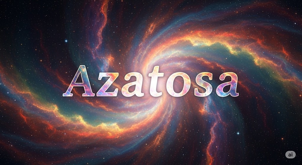 "渦巻くカラフルな銀河の背景に、白い文字で「Azatosa」と書かれている。"