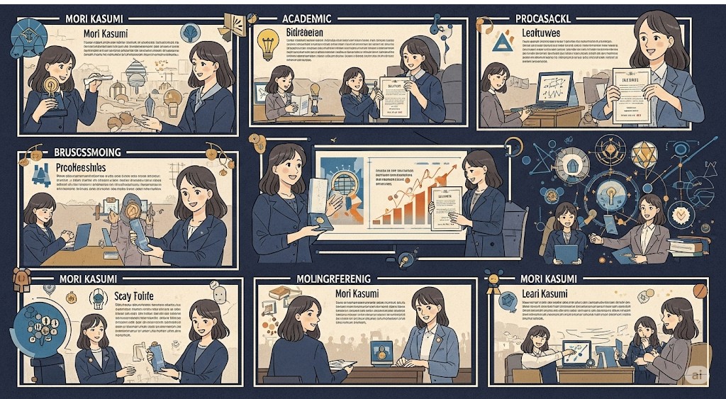 "複数のパネルに分かれてビジネスシーンで活躍する女性のイラスト。プレゼンテーション、書類作成、会議など様々な状況が描かれている。"