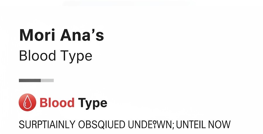 "白い背景に「Mori Ana's Blood Type」という文字と、血液型を示すアイコンと「Blood Type」という文字、そしてその下に「SURPTIAINLY OBSQIUED UNDEYWN; UNTEIL NOW」というテキストが書かれている。"