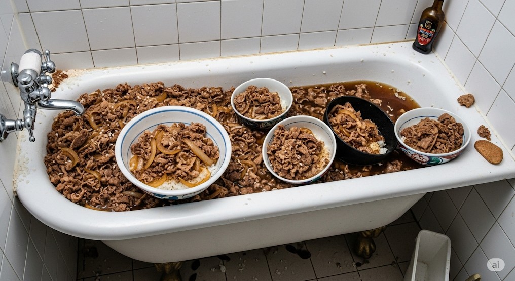 浴槽いっぱいにチーズ牛丼が詰め込まれ、食べ物が無駄にされている様子が表現されています。