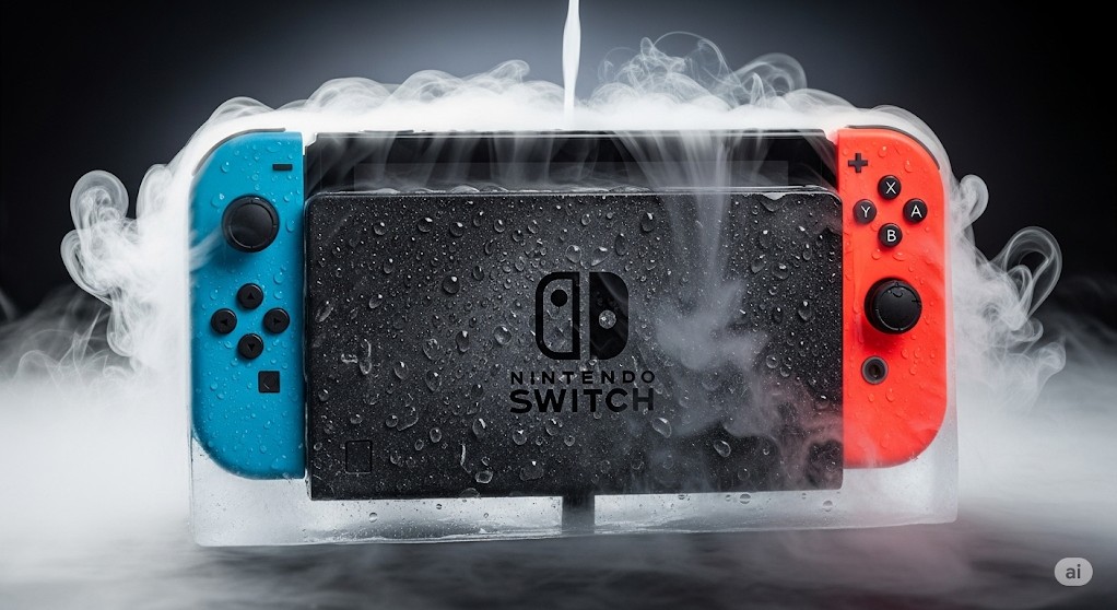 液体窒素で凍らされ、氷に覆われたNintendo Switch 2のゲーム機が写っています。