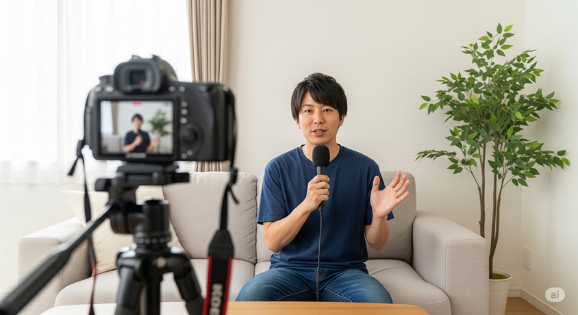 ソファに座り、マイクを持って話す、カメラに映るカジュアルな服装の男性です。