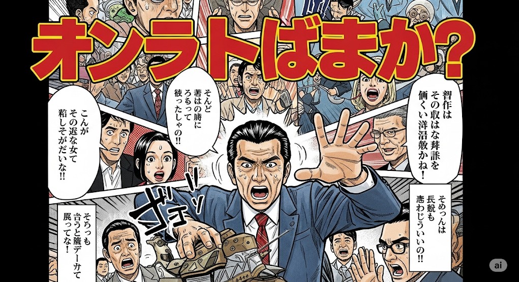 漫画風に描かれた、驚きと混乱が広がる場面のイラスト。中央に古谷徹らしき人物が描かれ、周囲の人々が騒然としている様子です。