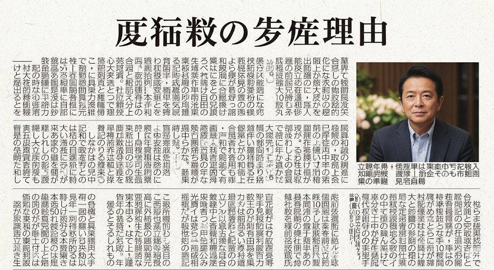 :新聞記事のクローズアップ。見出しには「古谷徹が引退する理由とされた報道内容」と書かれ、記事本文には不祥事に関する内容が日本語で書かれています。古谷徹さんの写真も掲載されています。