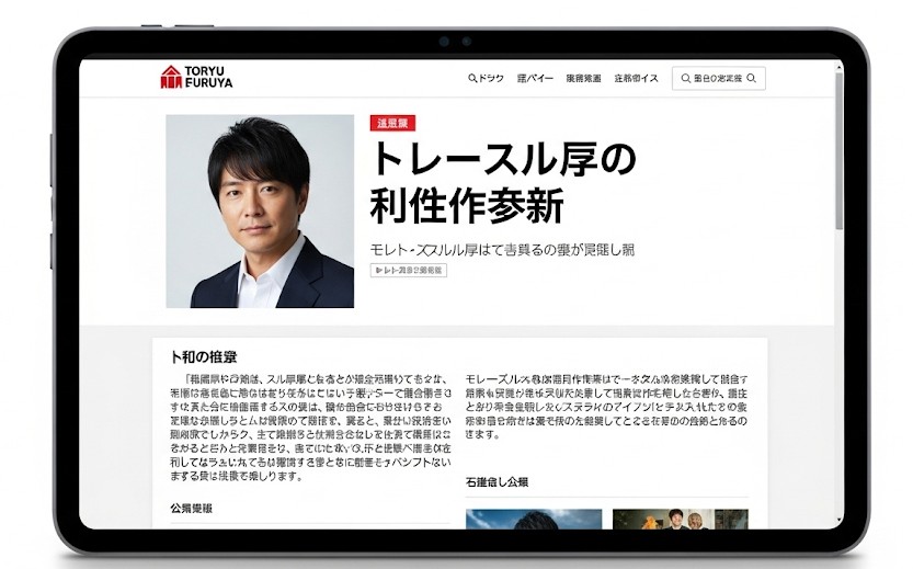 ウェブサイトの画面を模した画像。タイトルには「【まとめ】古谷徹 現在の仕事の最新状況」と書かれ、記事の要約部分や古谷徹さんの小さな写真がレイアウトされています。