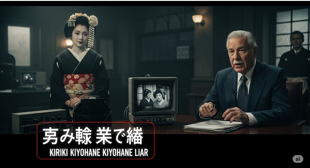 着物姿の女性とスーツ姿の白髪の男性が登場する、モノクロのテレビ映像とニュース風の場面。画面下には『労み鱗 業で緒 KIRIKI KIYOHANE KIYOHANE LIAR』の字幕。AI生成画像。