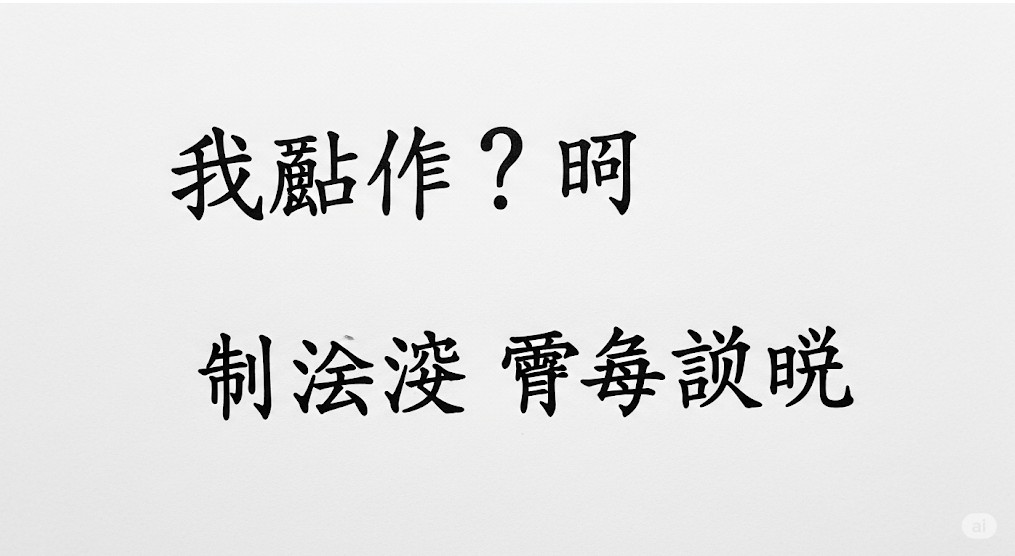 中国語のような筆文字で『我䂂作?呵 制泹泹 霰毎說暼』と書かれた白背景の画像。
