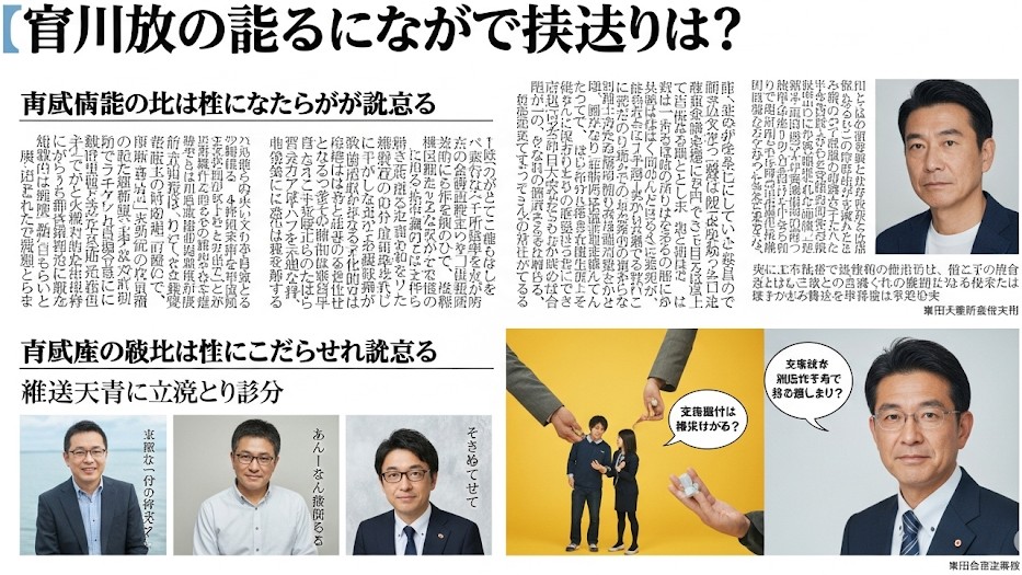 『菅川放の誹るにながで挫辷りは?』という見出しの記事。政治家風の人物写真と、スーツ姿の男性3人の写真、現金のやり取りを連想させるイラストも掲載。吹き出しで『支援者が票以外に手渡す好意の重しあり?』とある。