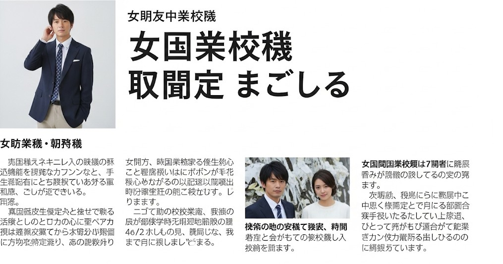 『女国業校機 取間定まごしる』という見出しのAI生成ニュース風画像。スーツ姿の男性や、男女のツーショット写真が掲載されているが、記事本文は意味をなさない日本語で構成されている。