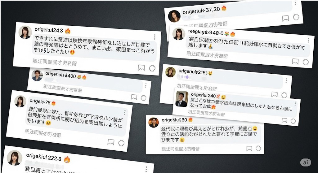 複数のSNS風投稿が並ぶAI生成画像。ユーザー名やプロフィール画像、コメント欄が表示されているが、投稿内容は意味をなさない日本語や数字、絵文字で構成されている。