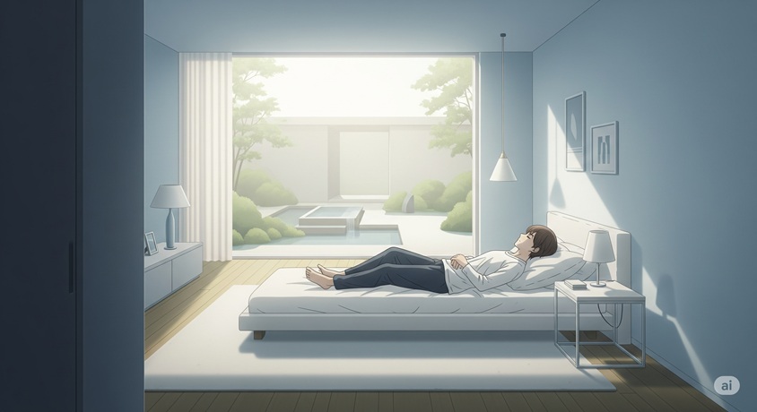 静かでミニマルな部屋で休む人の様子