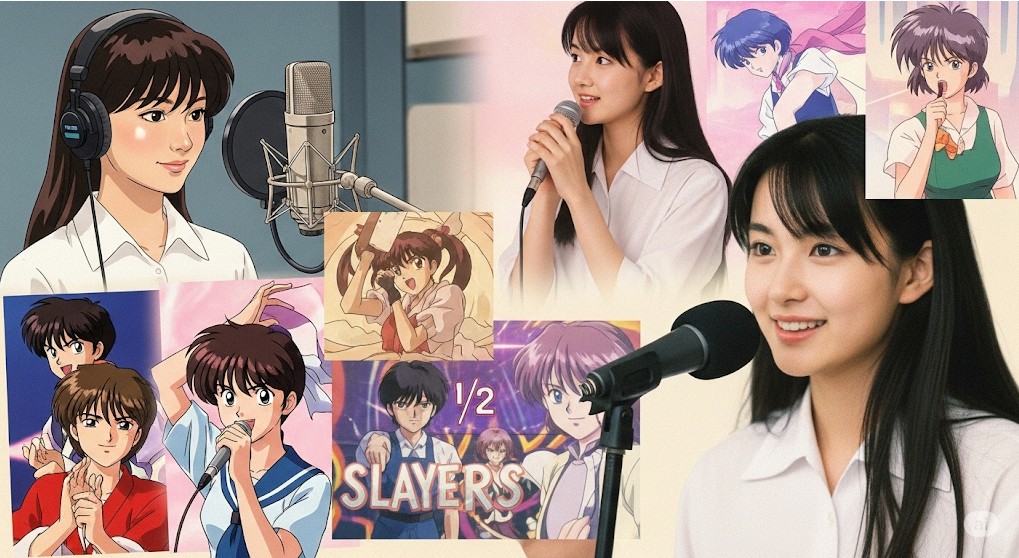 デビュー当時、林原めぐみの若い頃の伝説 若き日の林原めぐみの、声優としての情熱と活躍を感じさせる、エネルギッシュな画像です。