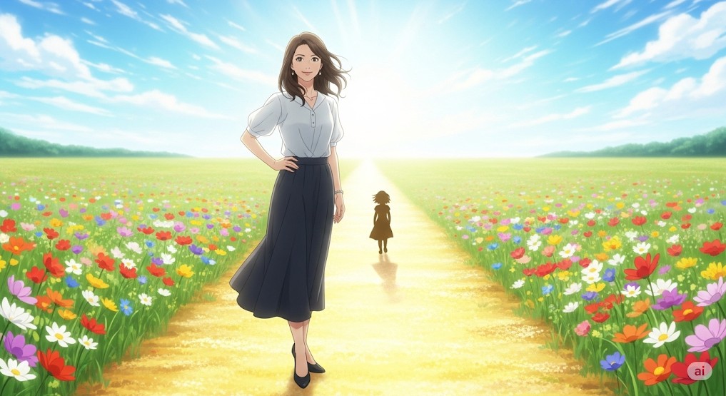 林原めぐみの娘に思う、林原 惠 女兒の未来 林原めぐみが娘の未来を優しく見守る姿と、娘の可能性に満ちた未来を表現した、希望に満ちた画像です。