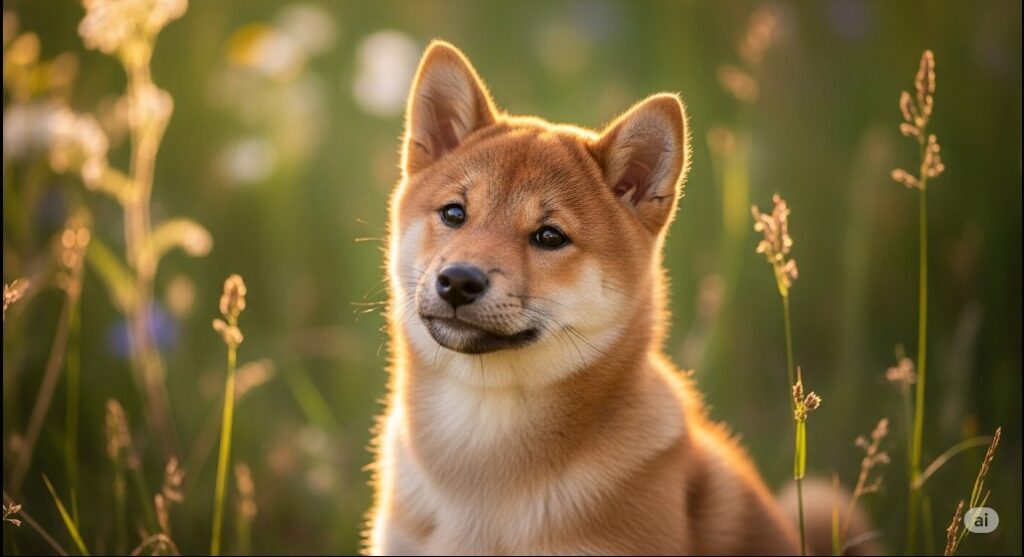 "暖かい夕日を浴び、草むらの中で首をかしげる柴犬の子犬"