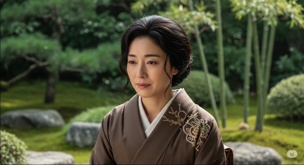 "日本庭園で、上品な着物姿の女性が、物静かな表情でたたずんでいる。"