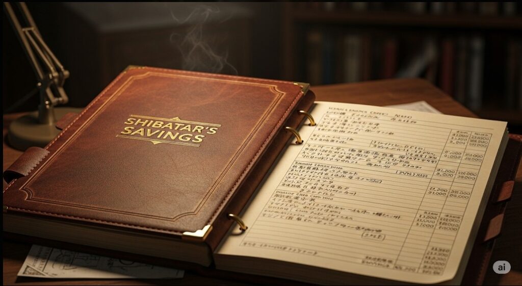 "書斎の机に置かれた、湯気が立ち上る重厚な革張りの貯金簿。"