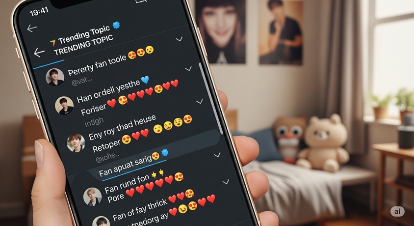ファンがスマートフォンを持ち、画面にハートの絵文字や応援メッセージが多数表示されているSNSの投稿画面が写っています。ファンによるSNS上での活発な交流を示唆しています。