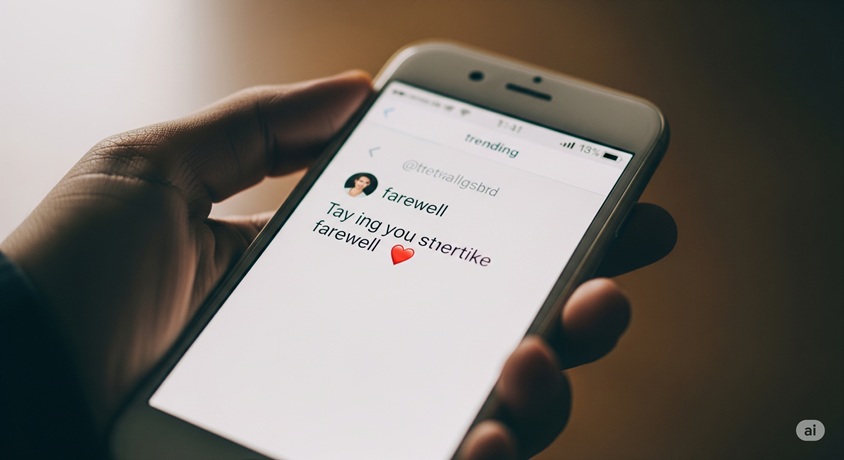 スマートフォンを握る手がクローズアップされており、画面には「farewell」といった感謝と別れのメッセージが表示されています。これは最後のツイートの内容を象徴する画像です。