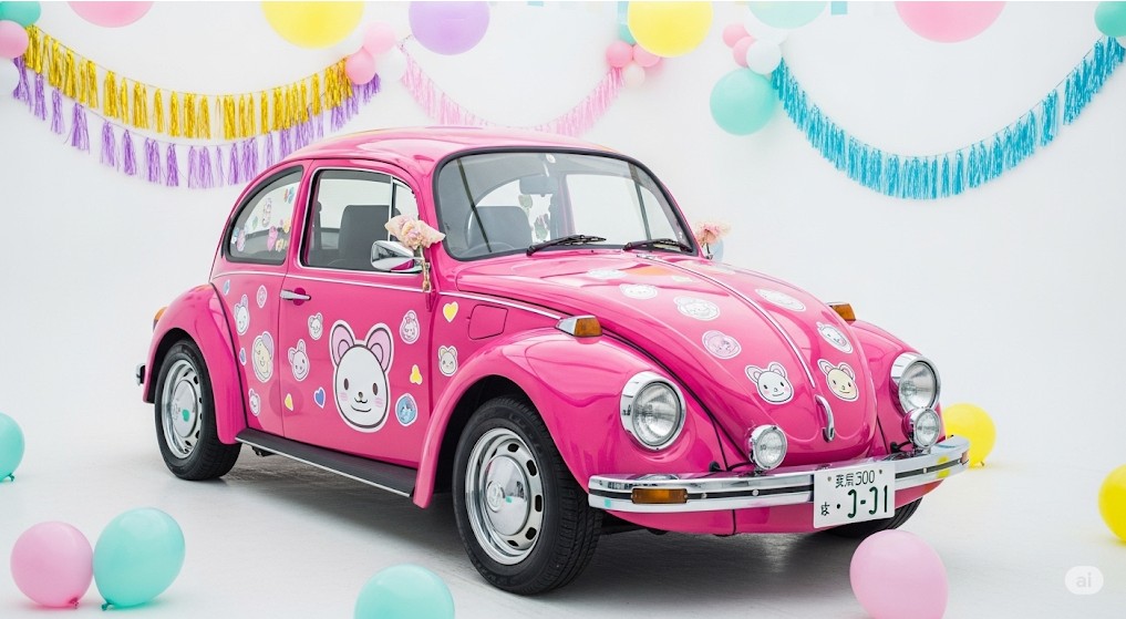 カラフルなバルーンと飾りに囲まれた、ピンク色の可愛らしいステッカーが貼られたフォルクスワーゲン・ビートル。中川翔子さんの遊び心ある個性を表しています。