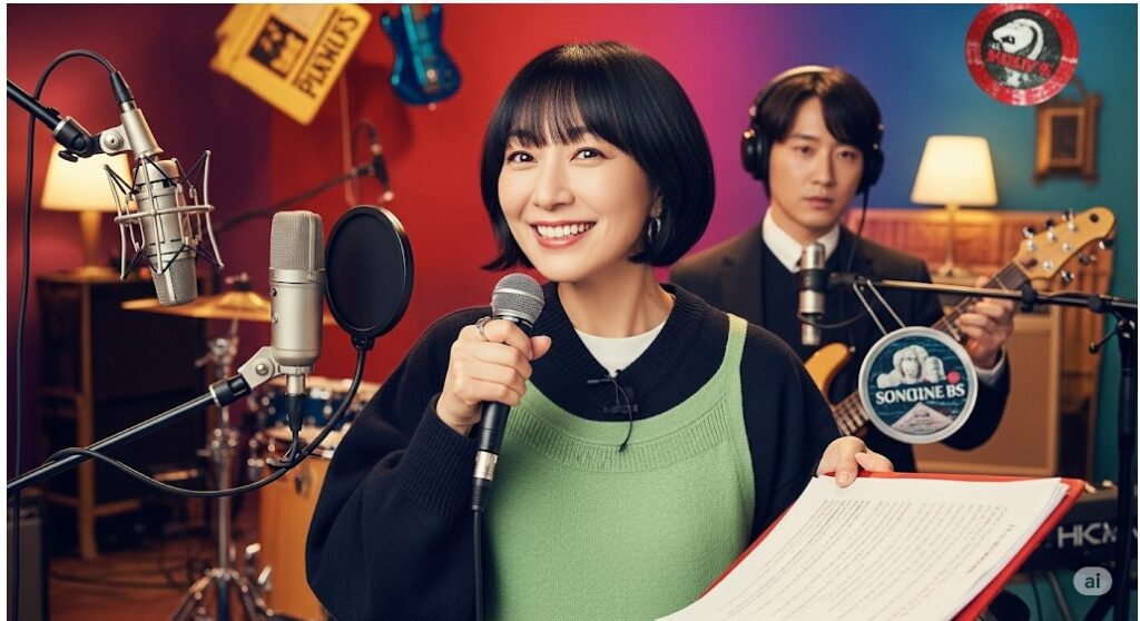 マイクを握り笑顔を見せる中川翔子さんが、レコーディングスタジオで歌唱している様子。彼女の多岐にわたる芸能活動を象徴しています。
