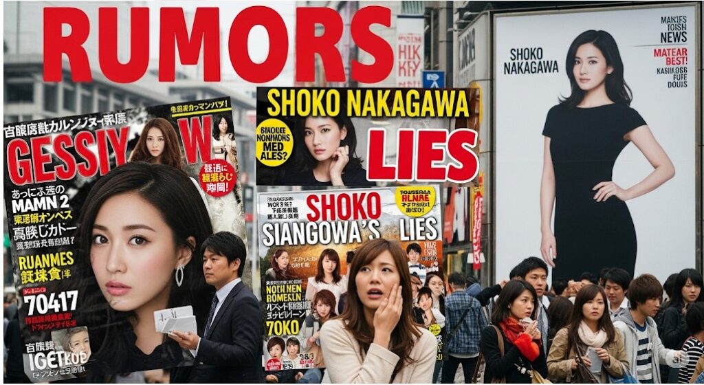 街頭の賑やかな風景の中に、中川翔子さんの写真と「RUMORS」や「LIES」といった見出しが書かれたゴシップ誌や広告が並び、世間の注目と憶測を表しています。
