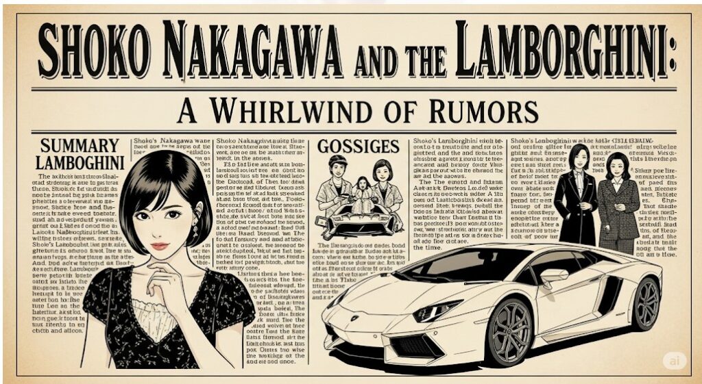 新聞記事の切り抜き。中川翔子さんの写真とランボルギーニのイラストがあり、「中川翔子とランボルギーニ:噂の渦」という見出しが、彼女とランボルギーニに関する噂の概要を示しています。