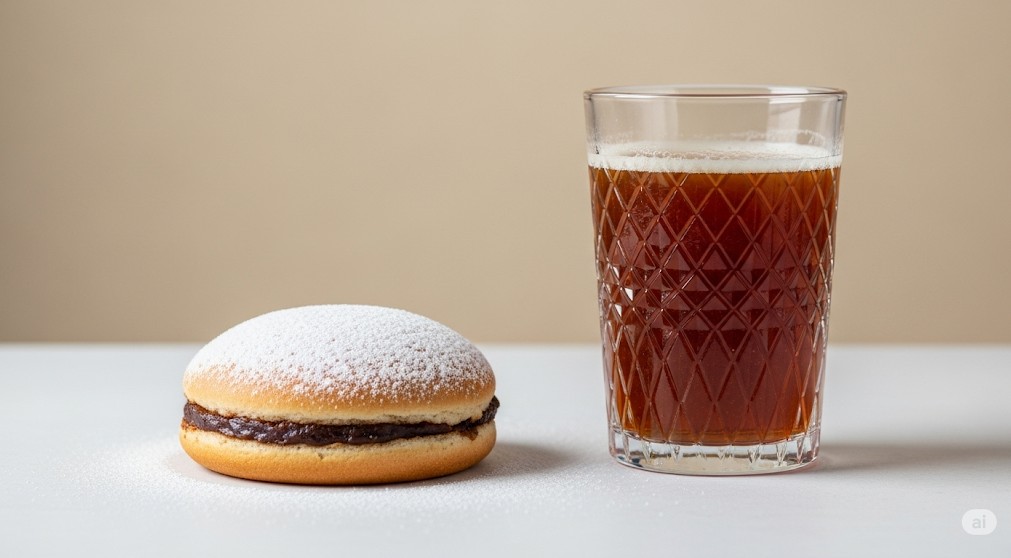 粉砂糖がまぶされたあんパンのようなパンと、隣に置かれたグラスに入った飲み物(アイスコーヒーまたは紅茶)。