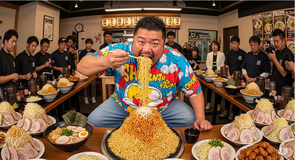 大食いタレントの男性が、山盛りのラーメン(まぜそば風)を箸で持ち上げ、店員たちが見守る中で食べている様子。周囲にも複数のラーメンが並べられている。