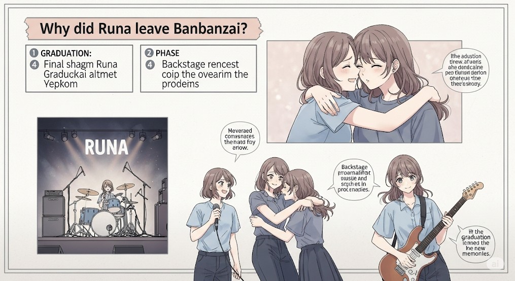 「RUNA」というドラマーの女性の卒業理由を説明する、コミック風のインフォグラフィックです。
