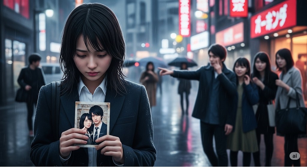 雨の夜の街で、スーツ姿の女性がカップルの写真を悲しげに見つめている様子です。