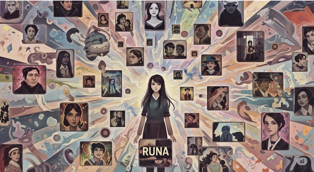 「RUNA」と書かれたボードを持つ少女の周りを、たくさんの肖像画が囲んでいるコラージュ作品です。