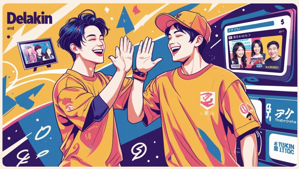 黄色いTシャツを着た二人の男性がハイタッチをして笑い合っているイラスト。背景にはモニターに映る人々や「Delakin」という文字が見える。
