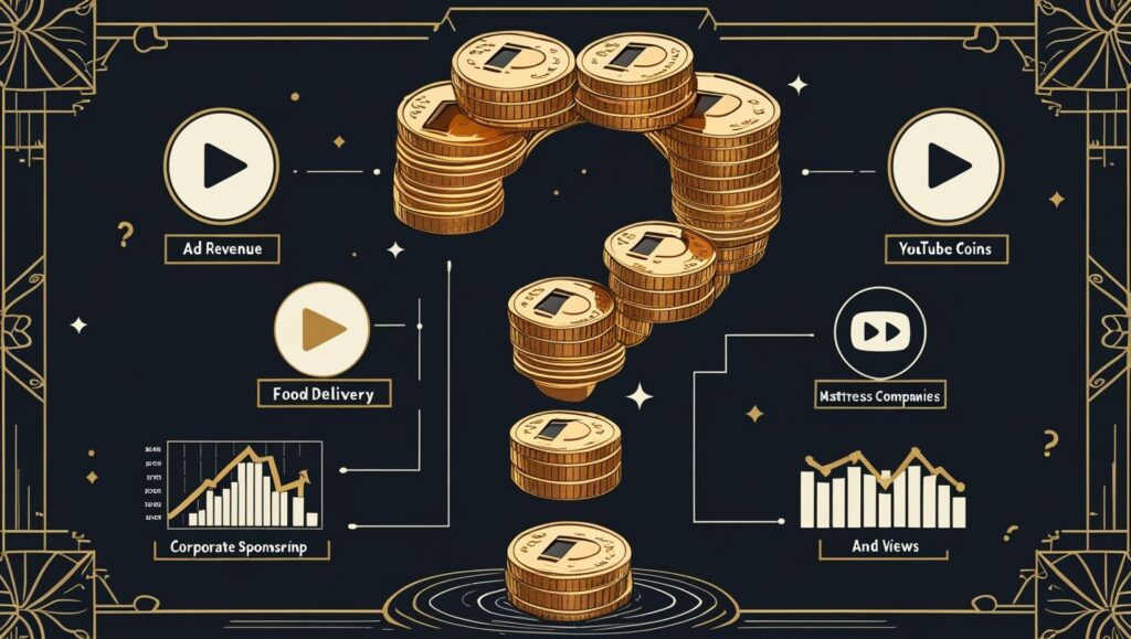 金貨が積み重ねられて疑問符の形になっているイラスト。その周囲には、「Ad Revenue」「Food Delivery」「Youtube Coins」「Mattress Companies」「Corporate Sponsorship」「Ad Views」といった収益源やビジネスモデルを示す項目がグラフやアイコンと共に配置されている。