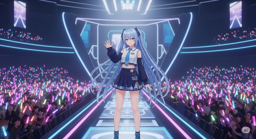 ステージ上で大勢のファンに手を振る人気女性VTuberのイラスト